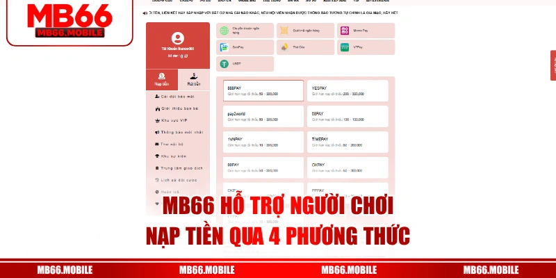 MB66 hỗ trợ người chơi nạp tiền qua 4 phương thức