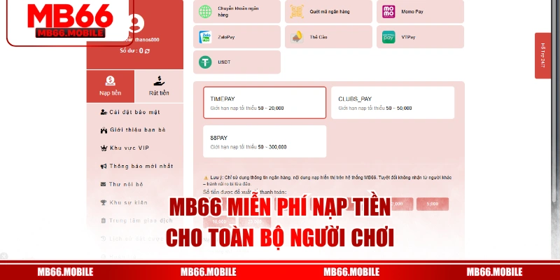MB66 miễn phí nạp tiền cho toàn bộ người chơi